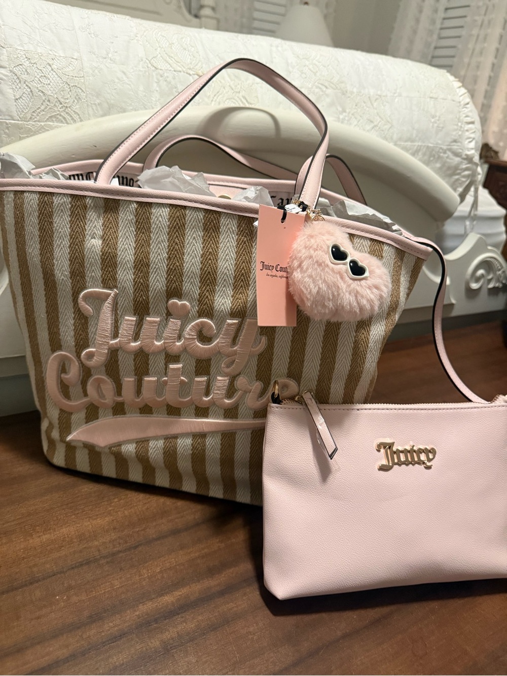 Juicy Couture Beige and Light Pink Striped Tote with Pink Pouch and Charm